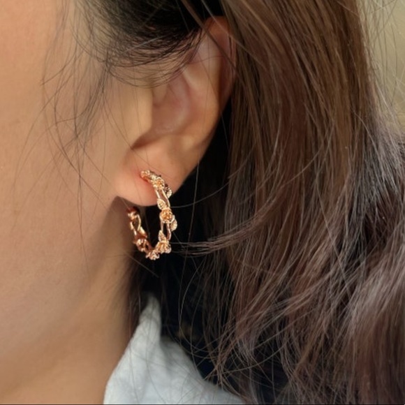 Rose Hoops Earrings 18K Gold Rose Earrings Gold Hoops Earrings Twig Earrings - Picture 3 of 10
